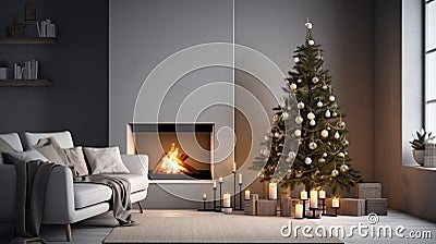 Burning fireplace with Christmas tree in living room interior, winter holidays background illustration. New Year at home Cartoon Illustration