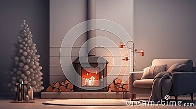 Burning fireplace with Christmas tree in living room interior, winter holidays background illustration. New Year at home Cartoon Illustration