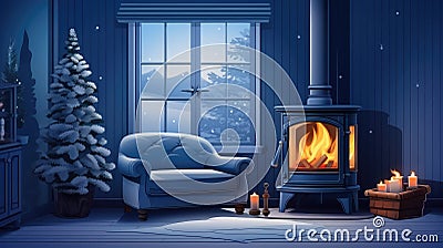 Burning fireplace with Christmas tree in living room interior, winter holidays background illustration. New Year at home Cartoon Illustration
