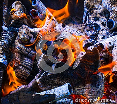 Burning firewood closeup. Fire and flames. Stock Photo