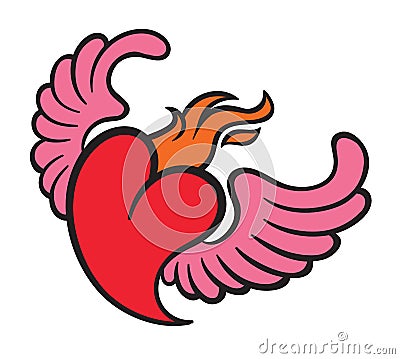 Burning flame heart with wings Vector Illustration