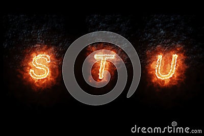 Burning font s, t, u, fire word text with flame and smoke on black background, concept of fire heat alphabet decoration Stock Photo