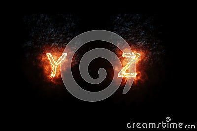 Burning font y, z, fire word text with flame and smoke on black background, concept of fire heat alphabet decoration Stock Photo