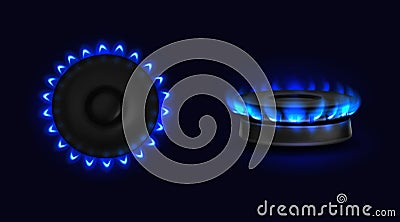 Burning gas stove with blue flame top or side view Vector Illustration