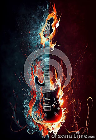 Burning guitar in the water reflection Stock Photo