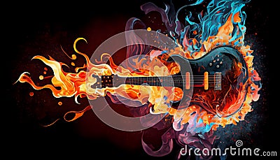 Burning guitar in the water reflection Stock Photo