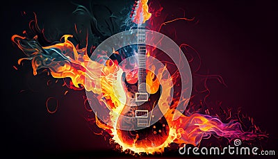 Burning guitar in the water reflection Stock Photo