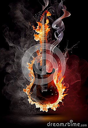 Burning guitar in the water reflection Stock Photo