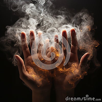 Burning hands, hands in fire and smoke on a black background, fire in hands, Cartoon Illustration