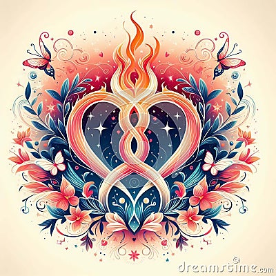 Burning heart. Twin flame logo. Esoteric concept of spiritual love. Illustration on black background for web sites Stock Photo