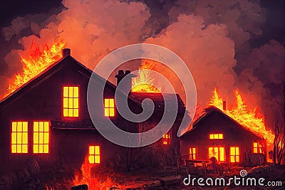 burning houses, a disaster fire illustration, ai generated image Cartoon Illustration