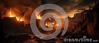 Burning houses in the village at night Stock Photo