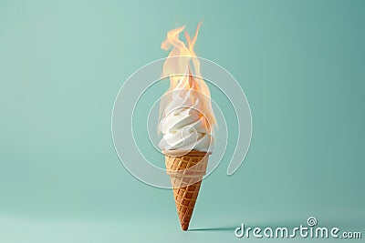 Burning ice cream cone, icecream on fire. Cold summer milk dessert in flames. Burning calories, weight loss and healthy diet Stock Photo