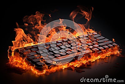 Burning keyboard on black background. Burnout syndrome, deadline, burnout at work. Computer keyboard on fire as a symbol of stress Stock Photo