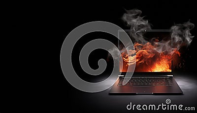 A burning laptop computer - smoke and fire - isolated black background - copy text space - professional studio surface Stock Photo