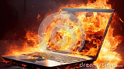 Burning laptop and keyboard, equipment fire due to faulty battery and wiring. Laptop Computer setting the world on fire. Stock Photo