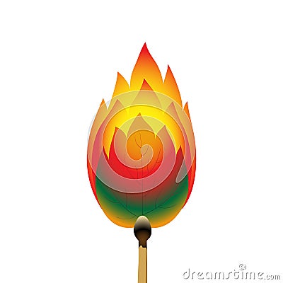 A green leaf of a tree burning from a match. The concept of protecting nature from fire and fires. Color vector illustration. Vector Illustration