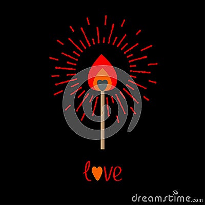 Burning love match with red and orange fire light shining sunlight effect. Flat design style. Vector Illustration