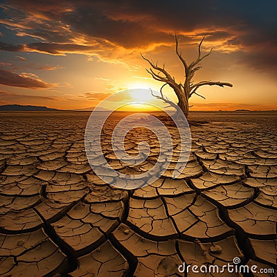 The Burning Man: A lone tree in a dry, cracked field, with the s Stock Photo
