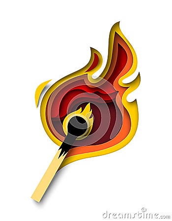Burning match vector illustration in papercut style Vector Illustration