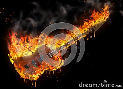 Burning and melting bass guitar Stock Photo