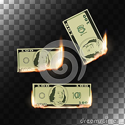 Burning money on transparent background. Vector Illustration