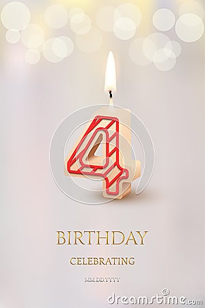 Burning number 4 birthday candle with birthday celebration text on light blurred background. Vector fourth birthday Vector Illustration