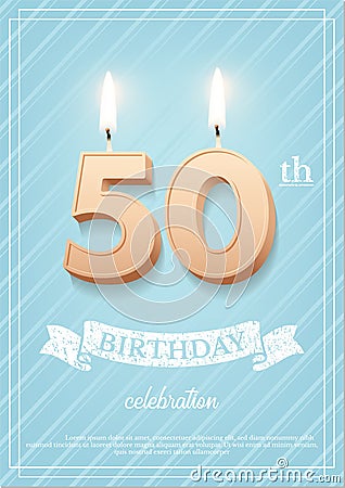 Burning number 50 birthday candle with vintage ribbon and birthday celebration text on textured blue background in Vector Illustration