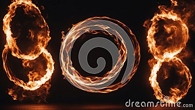 burning number eight fire hoop spinning in the darkness, creating a mesmerizing pattern of flames and smoke Stock Photo