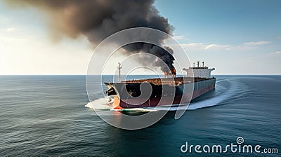 Burning oil cargo tanker in the ocean, sea. Export import of goods. Commercial delivery. AI generated. Stock Photo