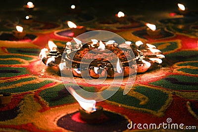 Diwali light festival burning oil lamps Stock Photo
