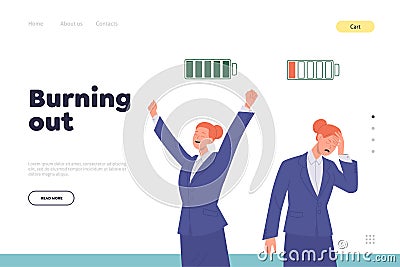 Burning out landing page template with businesswoman having high and low energy level design Vector Illustration