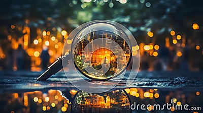 The burning outskirts of the city seen through a magnifying glass. Burning city. Generative AI Stock Photo