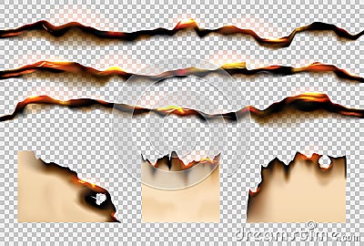 Burning paper. Charred pieces. Dirty and grunge broken parchment. Scorched black edges. Sheets in flame. Smoldering Vector Illustration