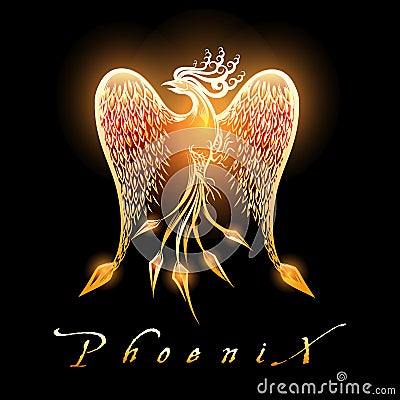 Burning Phoenix Bird on Black Background Stock Photo