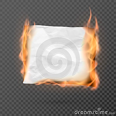 Burning piece of crumpled paper with copy space. crumpled paper blank. Creased paper texture in fire. Vector Vector Illustration