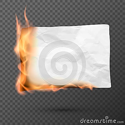 Burning piece of crumpled paper. crumpled empty paper blank. Creased paper texture in fire. Vector Vector Illustration