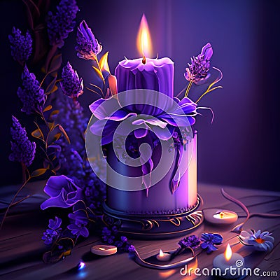 Burning purple candle with lavender flowers on wooden table. Vector illustration generative AI Cartoon Illustration