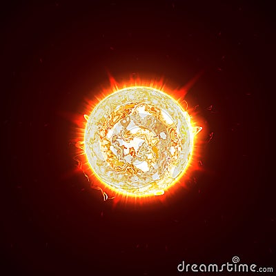 Burning realistic 3D sun, flashes, glare, flare, sparks, flames, heat and fire rays. Orange, hot, cosmic red planet on a Vector Illustration