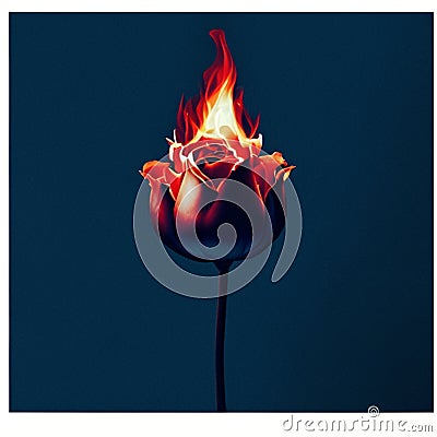 Burning rose on a dark blue background. Close-up. AI Generated Stock Photo