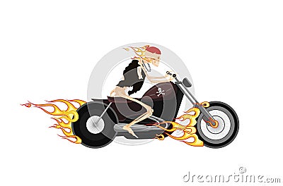 Burning skeleton biker on fiery motorcycle. Dead man in bandana rushes on vintage chopper Vector Illustration