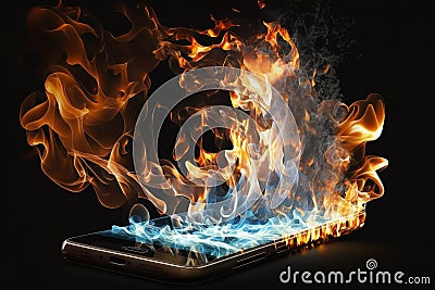 Burning smartphone. Mobile phone in fire. Smartphone explosion, blow up cellphone battery or explosive mobile phone Stock Photo