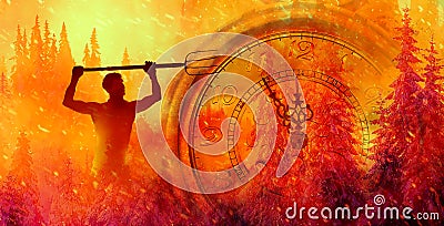 Burning spruce forest. Clock showing five minutes to twelve. Time to stop and realize the values of life Stock Photo