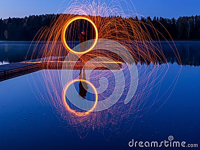 Burning steel wool spinning, showers of glowing sparks from spinning steel wool Stock Photo