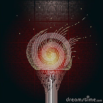 A burning torch, consists of a printed copper circuit boards, the flame from the binary code. The artifact of cyberspace Vector Illustration