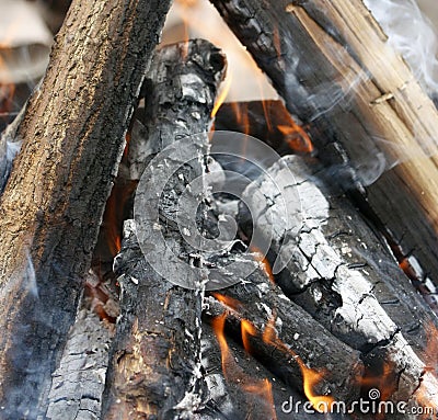 Fire. Closeup of pile of wood burning with flames in the fireplace Stock Photo