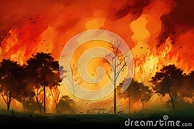 Burning trees in the forest. Illustration of natural disaster, Forest fire natural disaster concept, burning fire in the trees on Stock Photo