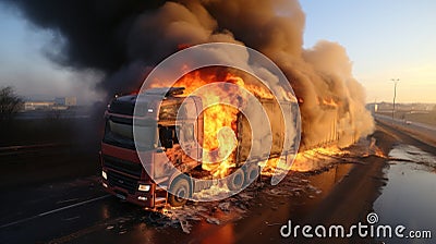 Burning truck on the highway. Car crash accident, aerial view Stock Photo
