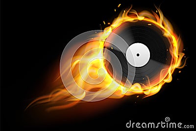 Burning vinyl record. Realistic analog audio disc with fire trace. Retro musical album. Disco party background. DJ music Vector Illustration