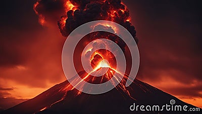 burning volcano in the sky A volcanic eruption unleashing a fire lord from the magma, with a fierce expression bright Stock Photo